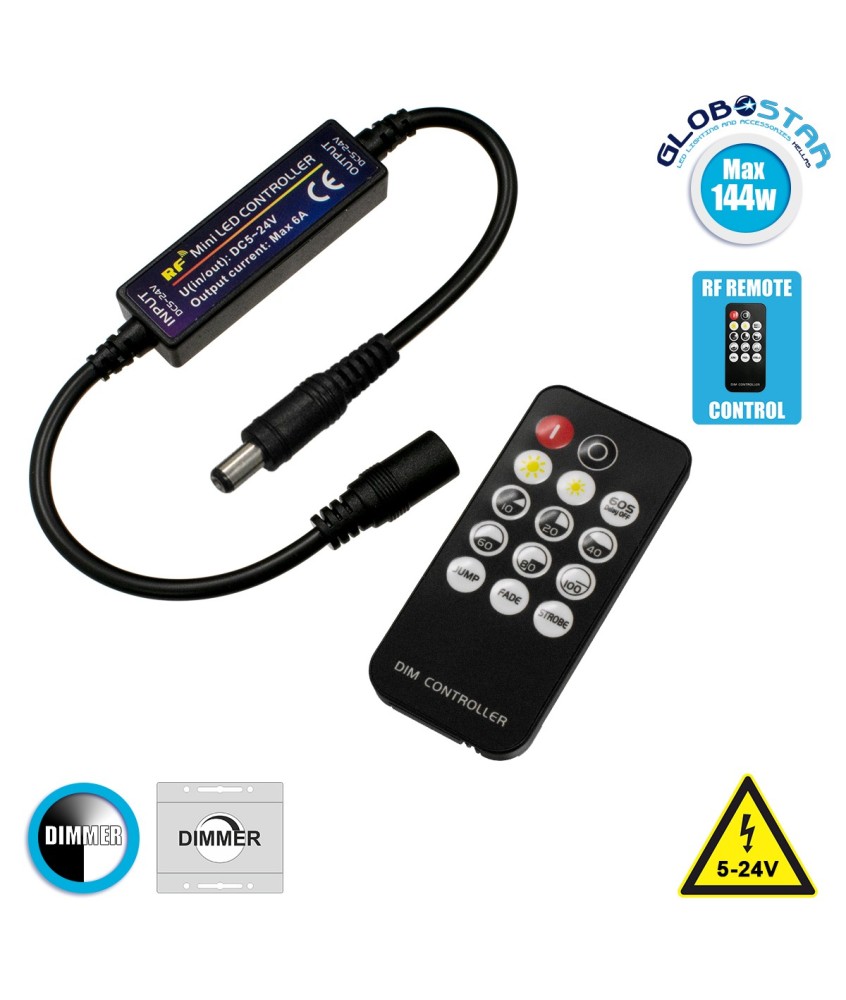 GloboStar® 73322 Ασύρματο LED Dimmer με Χειριστήριο RF 2.4Ghz DC 12-24V Max 144W